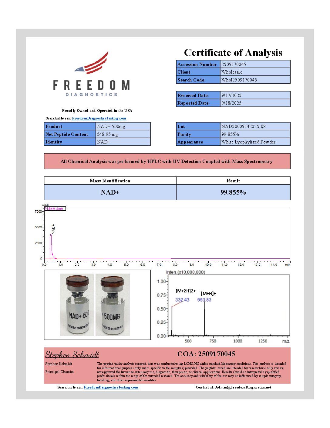 NAD+ (500mg) Certificate of Analysis from Blank Peptides