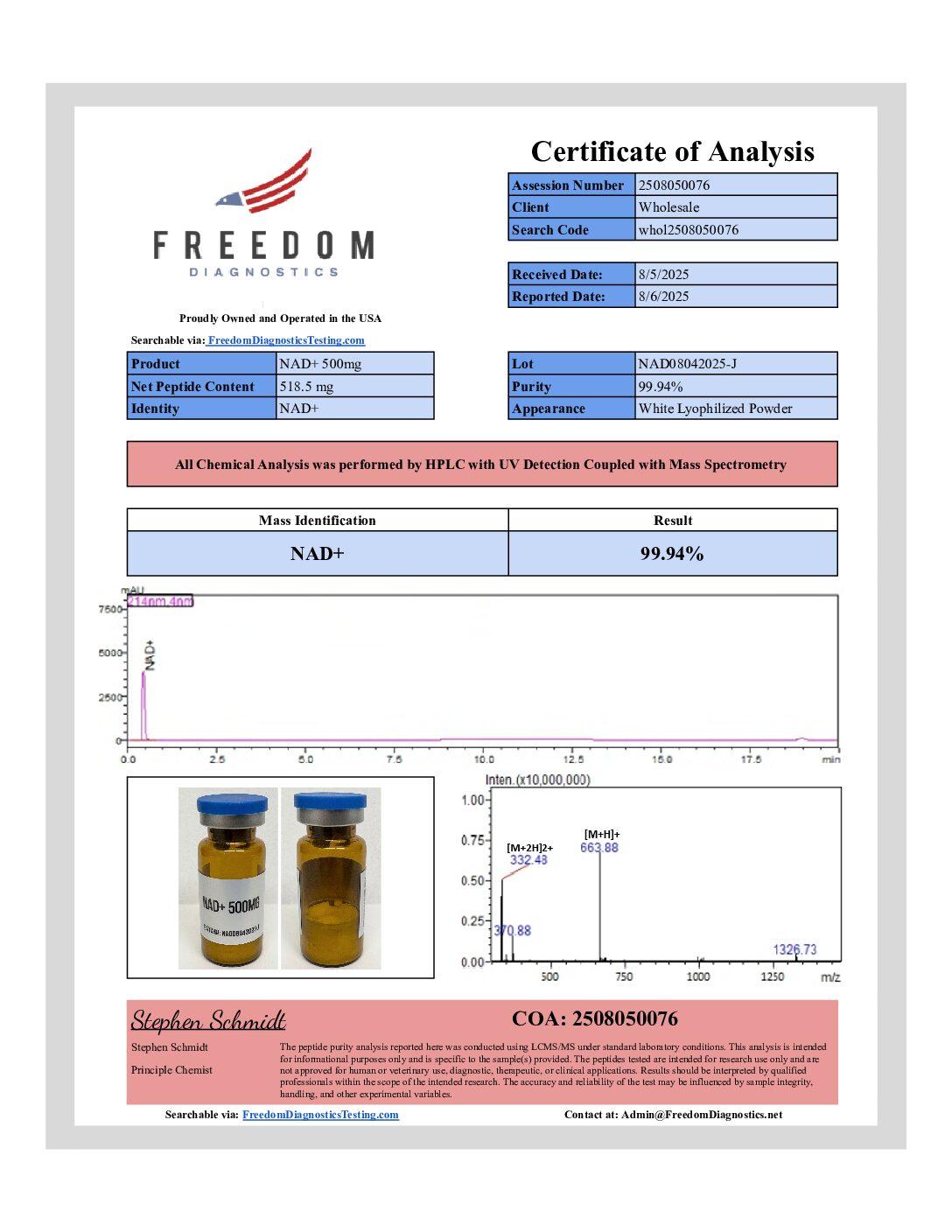 NAD+ (500mg) Certificate of Analysis from Blank Peptides