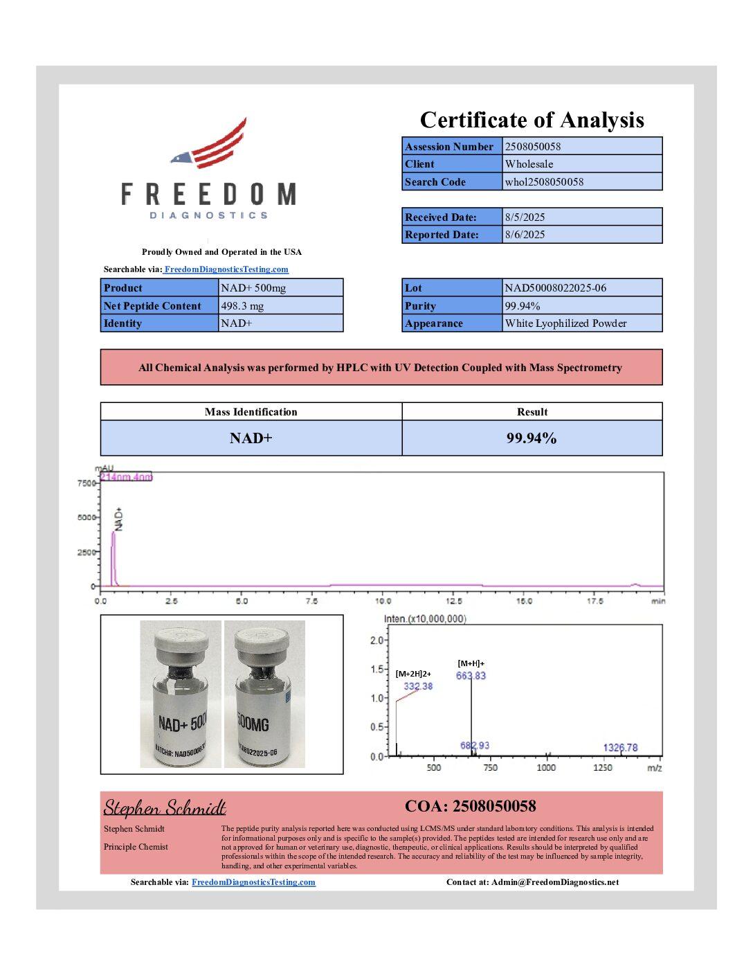 NAD+ (500mg) Certificate of Analysis from Blank Peptides