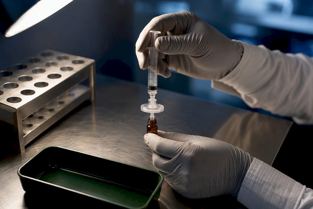 Technician filtering sample for LC-MS analysis